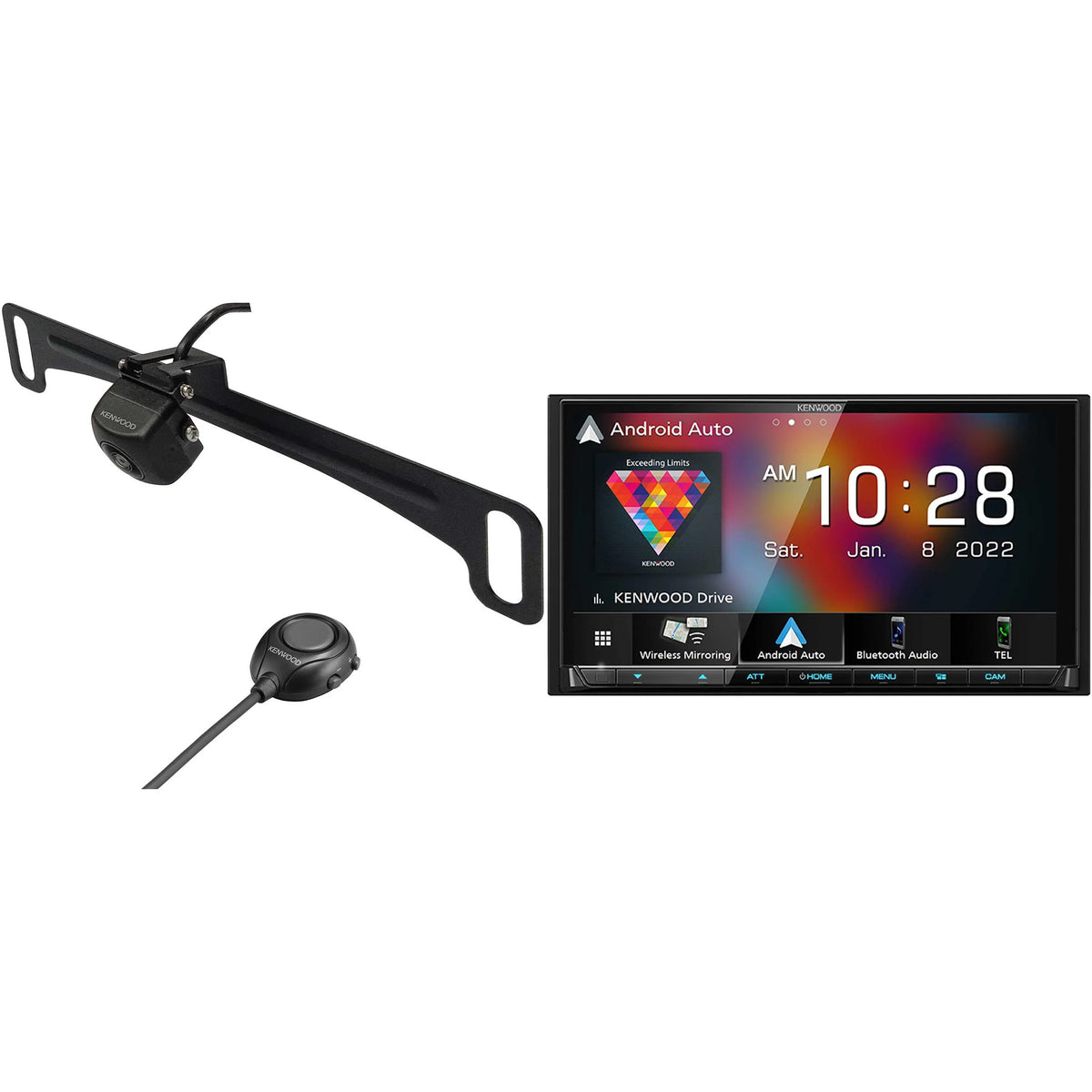 Kenwood DMX9708S MultiMedia Receiver with CMOS-320LP Multi-Angle Rear View Camera with License Plate Mounting