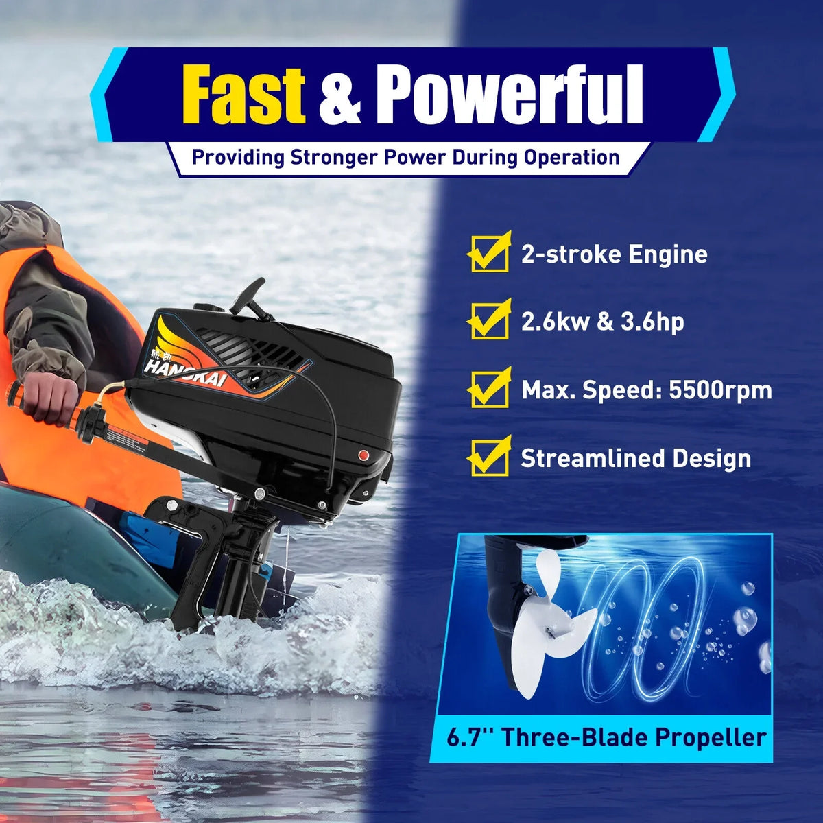 HANGKAI 2 Stroke 3.6  Outboard Motor Fishing vessel Engine aqua Cooling CDI Outboard vessel Motor 90cm/35.4in