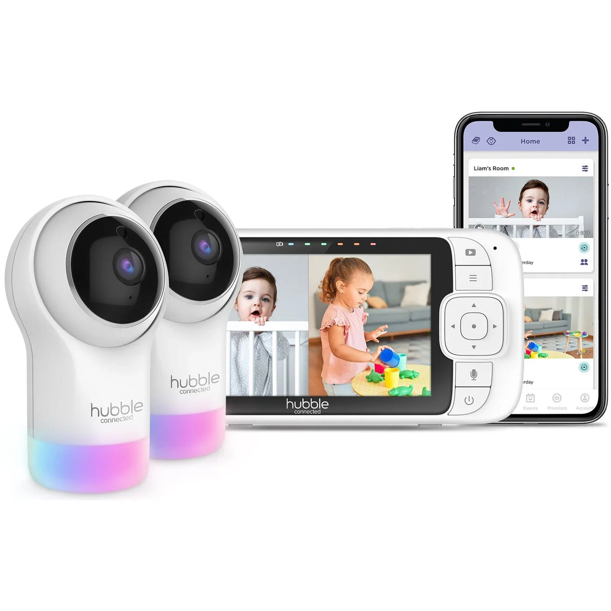 Hubble Connected Nursery Pal Glow+ Twin with 2 Cameras, HD Color Screen, and Hubble Grip in White
