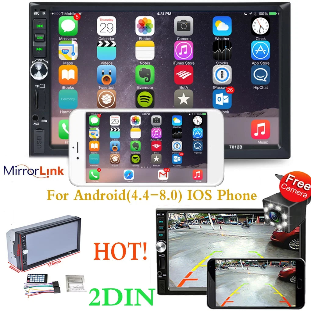 Vehicle Car Stereo Radio 7" Double Din Bluetooth HD Touch Screen Car MP5 with Reverse Camera And Mirror Link(Both Support IOS and Android System)