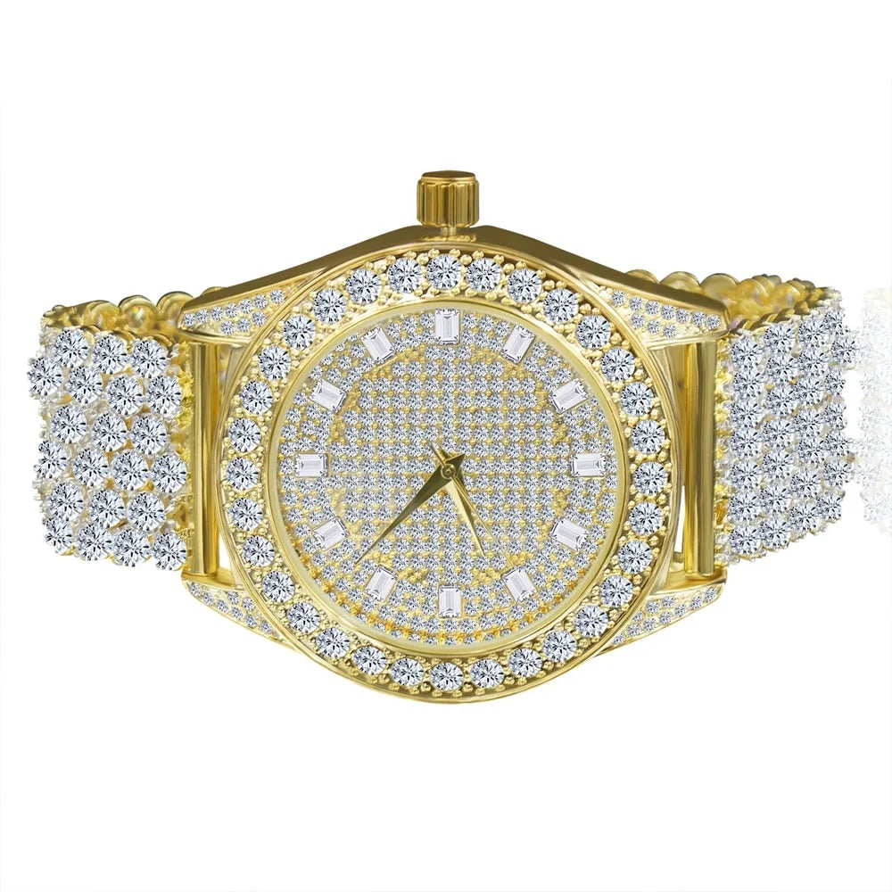 Luxury Iced Khronos Celebrity Wear Yellow Gold Finish Simulated Diamonds Custom Band Solitaire Bezel Joe Rodeo JoJo Watch